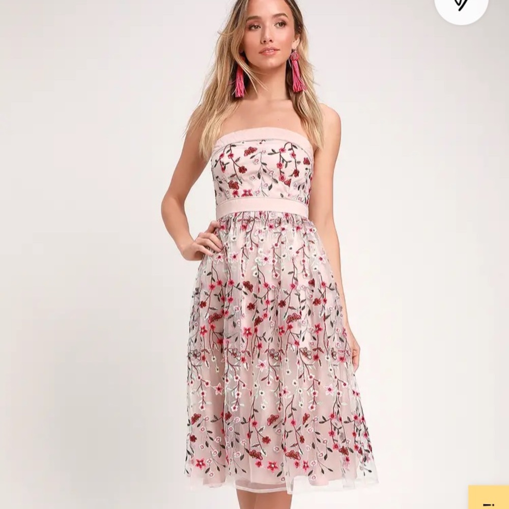 NEW Lulus Taupe Floral Embroidered Midi Dress